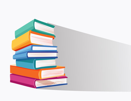 Tall pile of vibrant books leaning slightly on a blank white background, leaving room on the right side. Modern flat illustration with cheerful tones and soft brush edges.のイラスト素材
