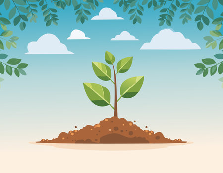 A small plant breaking through rich soil under a bright blue sky, conveying hope, renewal, and environmental sustainability in modern art style.のイラスト素材