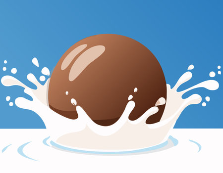 Brown chocolate sphere hitting milk surface, splashing upward. Clean and colorful food-themed illustration with a simple blue background and room for design.のイラスト素材