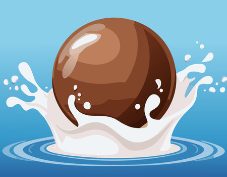 Smooth chocolate ball falling into milk with splash effect. Creative and clean flat design with cartoon-like details and light shadows on a fresh background.のイラスト素材
