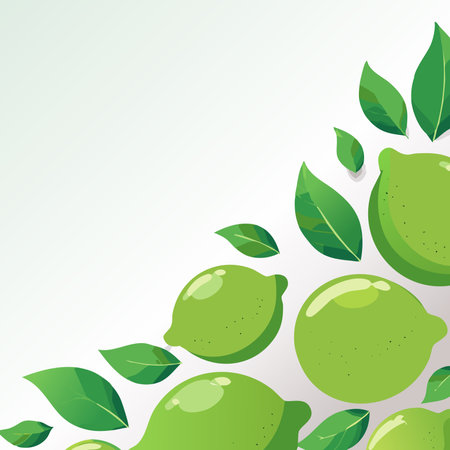 Bright lime with glossy surface, green leaves attached, and gentle shading, displayed on a white background with copy space, clean and minimal look.のイラスト素材