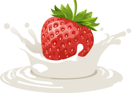 Playful minimal artwork shows juicy red strawberry splashing through silky milk ring creating lively droplets while vast clean background offers room for text ideal for smoothie branding or healthy recipe promotionsのイラスト素材