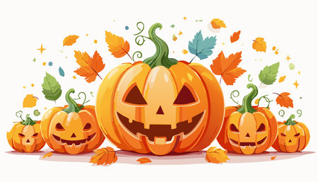 Festive Halloween pumpkins with carved smiles, surrounded by colorful leaves, in a charming...