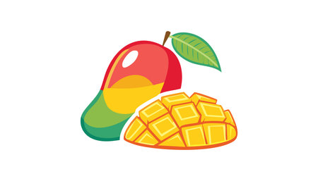 Playful tropical mango artwork, bright and smooth style, half fruit and sliced cubes, minimal white backdrop for layout.のイラスト素材