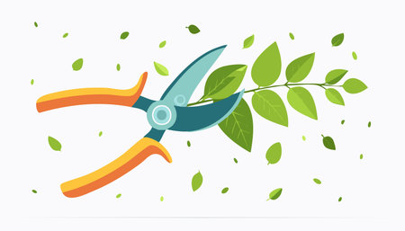 Clean gardening illustration featuring pruning shears and fresh leaves minimalのイラスト素材