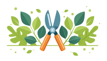 Simple flat illustration of hand pruners cutting a leafy branch bright green foliage soft shapesのイラスト素材