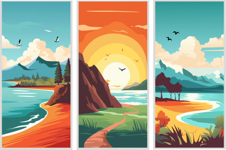 Seascape with mountains, lake and sunset.Typography design. Set of flat vector illustrations. Poster, label, cover.のイラスト素材