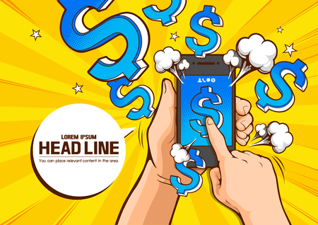 pop art hand holding phone, vector illustration, you can place relevant content on the area.のイラスト素材