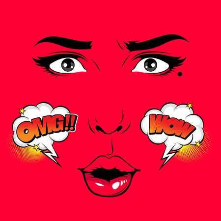 Comic Style Female Faces, pop art speech bubbles , doodle art, Vector illustration.のイラスト素材