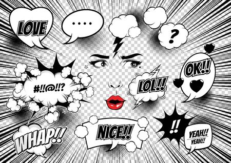 Comic Style, Female Faces, pop art speech bubbles, doodle art, Vector illustration, you can place relevant content on the area.のイラスト素材
