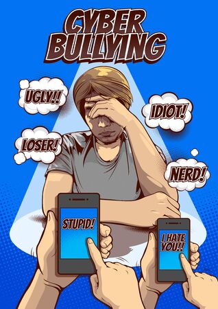 cyber bullying and social media, Being Bullied By Text Message, Signs and Symptoms of Stress in Men, Pictures of men hold the head with hand, comic cover template background, speech bubbles, doodle art, vector illustration.のイラスト素材
