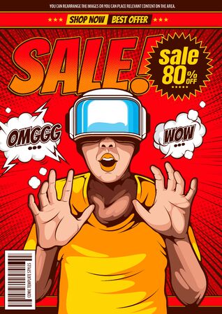 sale pop-art design, comic cover template background, flyer brochure speech bubbles, doodle art, VR virtual reality technology, glasses and headset ,vector illustration.のイラスト素材