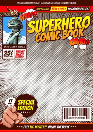 comic cover template background, flyer brochure speech bubbles, doodle art, Vector illustration, you can place relevant content on the area.のイラスト素材