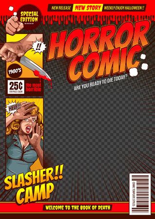 horror comic, halloween cover template background, speech bubbles, doodle art, Vector illustration.のイラスト素材