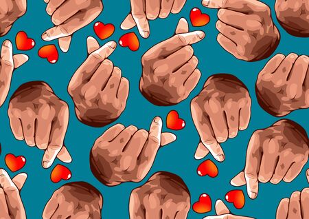 seamless pattern hand showing mini heart,  Korean love sign, Hand symbol For delivering love, vector illustration background for comic book cover template, flyer brochure speech bubblesのイラスト素材