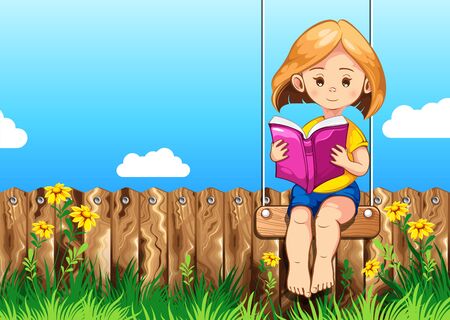 child reading books in garden, vector illustration, you can place relevant content on the area.のイラスト素材