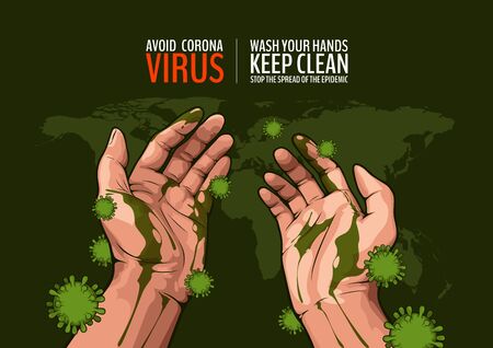 Coronavirus disease, Picture of dirty hands with germs, vector illustration.