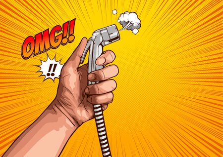 picture of hand using of bidet shower in bathroom, cover template background, speech bubbles, vector illustration.のイラスト素材