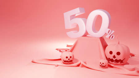 3d render of Happy Halloween, pumpkin head jack, Sale 50%, Cute cartoon on pastel color background.の写真素材