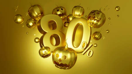 3d render of Happy Halloween Gold color, pumpkin head jack, Sale 80%, Cute cartoon background Used for promotional eventsの写真素材