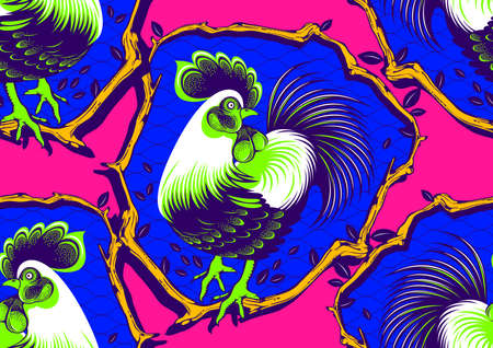 Chicken Seamless Pattern, Line and point drawings and beautiful feathers, African fashionのイラスト素材