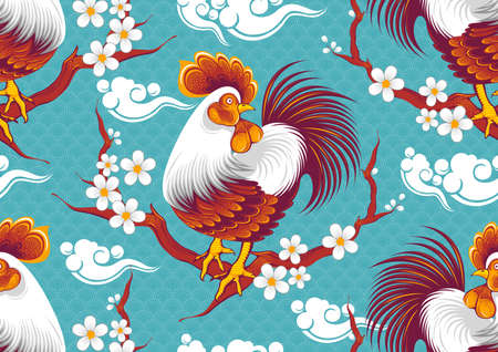 Chicken Seamless Pattern, Line and point drawings and beautiful feathers, Japan fashionのイラスト素材
