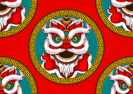 chinese new year seamless pattern, lion dance head, illustration Comic Images style.のイラスト素材