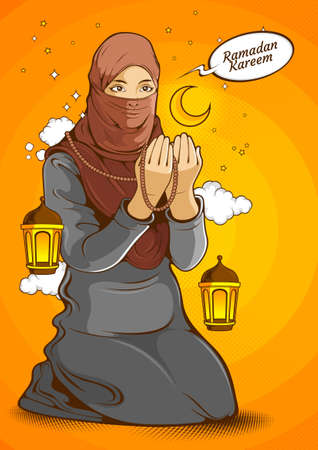 Muslim women, islamic female wearing hijab while raised hands and praying for Allah God in Ramadan Kareem holy month, comic illustration.のイラスト素材