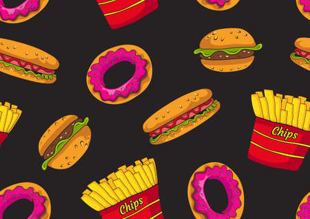 Fast Food Pattern, image of hamburger, french fries, hot dog and donut illustration cute, monimal design.
のイラスト素材
