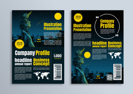 Illustration of the city at night and Hand of the Statue of Liberty, Flyer Brochure poster design, Business template in A4 size, for presentation, Company Profile Cover Images.のイラスト素材
