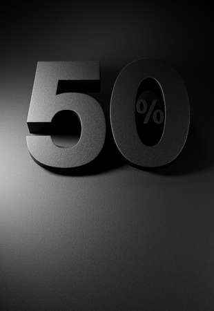 3d rendering of a 50% symbol, black and rough surface texture, illustration for background, web,...
