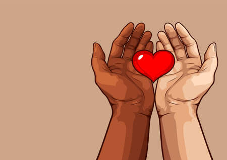 Black and white hand holding heart, interracial friendship concept.のイラスト素材