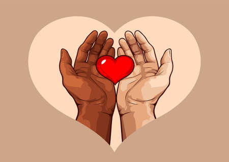 Black and white hand holding heart, interracial friendship concept.のイラスト素材