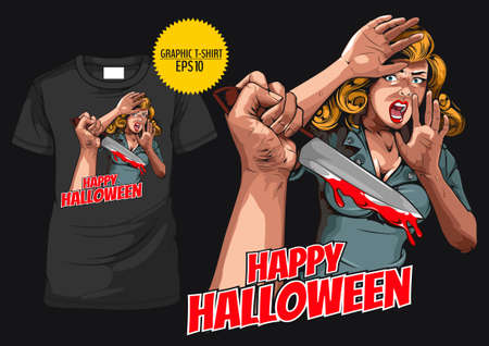 graphic t-shirt Halloween, horror comic, picture hand holding a knife and woman in very shocked fear, fashion character design, celebration party.のイラスト素材