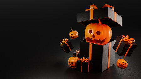3d rendering of Happy Halloween, Pumpkin in a black gift box on black background.の写真素材