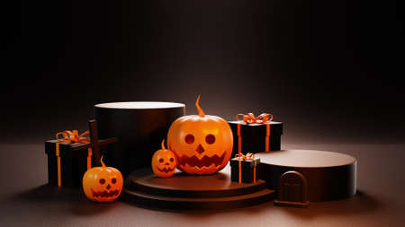 3d rendering of Happy Halloween, Podium minimal for product display, Pumpkin in a black gift box on black background.の写真素材
