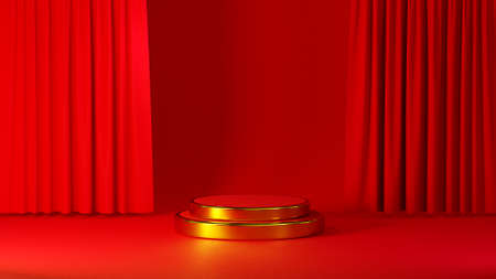 3D rendering of red podium for theme product display background.の写真素材