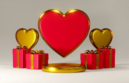 3D rendering  Happy Valentine's Day Podium Display, three-dimensional gift box object Red heart on...