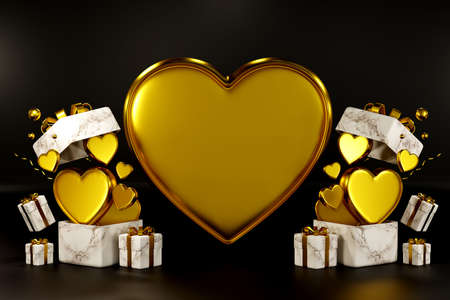 3D rendering mock up Podium Display Black Background heart gold shape and gift box 60の写真素材