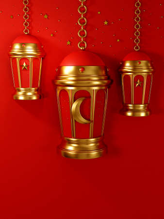 Islamic lamps on red background. arabic lanterns gold color, religion ramadan concept illustrationの写真素材