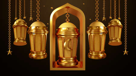 3D rendering Template Design Ramadan Kareem Lanterns, lamps gold color, religion Islamic, happy eid...