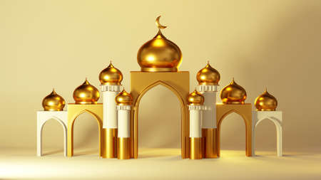 3d rendering Golden Eid Mubarak Building, dome of arab, celebration Ramadan illustration background.の写真素材