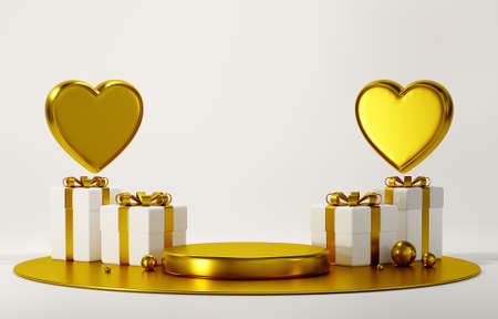3D rendering Gift Box and Heart on Presentation Podium Display, Happy Valentine's Day, three-dimensional element object on white Background, horizontal image wallpaperの写真素材