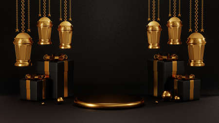 3D rendering of Podium Mockup, luxury gift boxes and Ramadan Festival Lanterns on a black...
