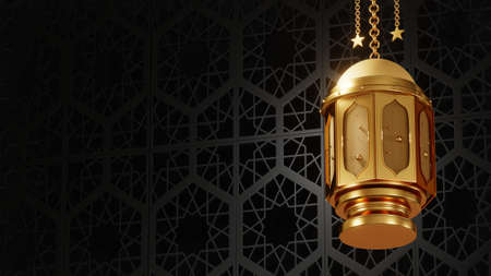 3D rendering Ramadan beautiful golden islamic lamp, black tracery backgroundの写真素材