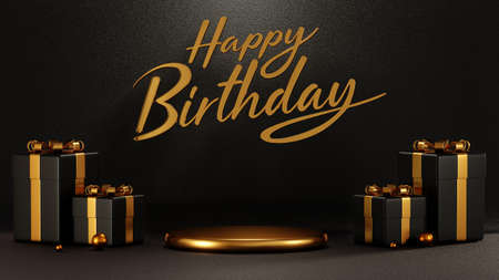 3D rendering Happy Birthday, gold podium and gift box on Black rough background for card banner or template designの写真素材