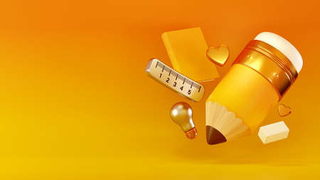 3D Rendering of Yellow Cute Pencil Inspiration Design, Background used for Arranging Composition Art on wallpaper banner website or print advertising artworkの写真素材