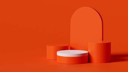 3d rendering of cylindrical podium on orange color background, illustration fashion or showcase...
