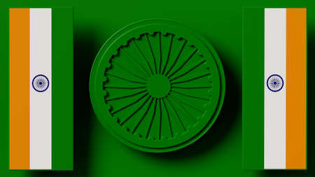 3d rendering, india background, flag and ashoka chakra symbol of India in the middle on green...