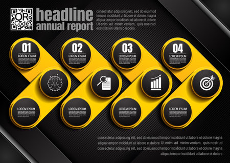 infographics design, 4 process chart diagram, square template for presentation workflow, abstract timeline elements, flow chart business black color layout conceptのイラスト素材
